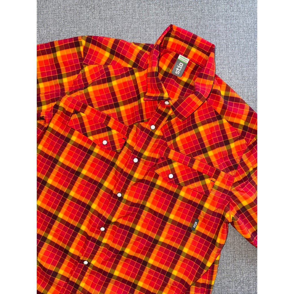 Stio Mens M Short Sleeve Pearl Snap Western Plaid Shirt Red Orange Yellow